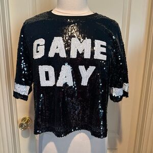 Le Lis Black and White Short Sleeve cropped Sequin Game Day Tee